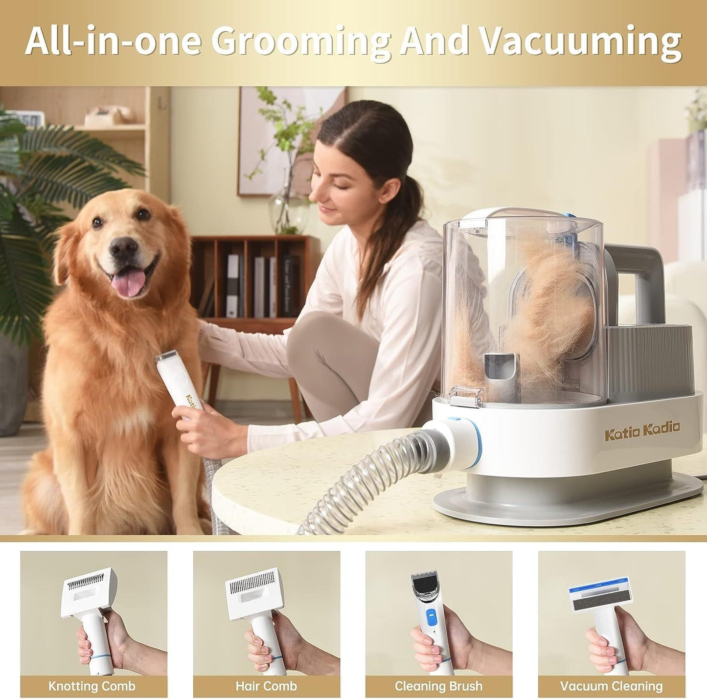 Kit de aseo para mascotas, kit 5 en 1 para perros con 2 modos de succión y eliminador de pelos de ruido silencioso
Pet Grooming Kit, 5-in-1 Dog Grooming Kit with 2 Suction Modes and Quiet Noise Hair Remover