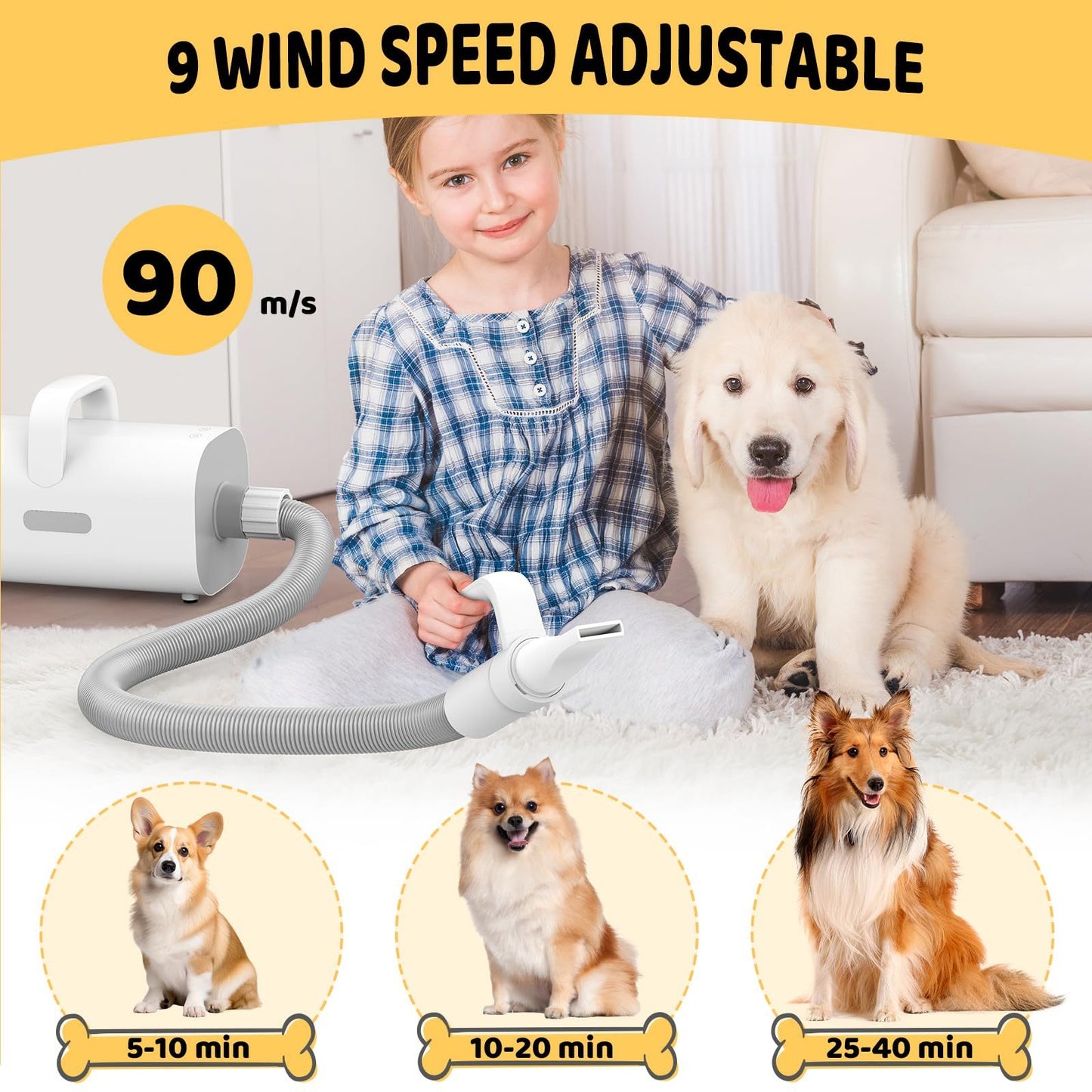 Secador de pelo para mascotas 4 en 1 con iones negativos de alta velocidad y temperatura ajustables, apto para perros y gatos.
Pet Hair Dryer, 4-in-1 Smart Handle Pet Hair Dryer,  Adjustable Wind Speed And Temperature, Suitable For Dogs And Cats