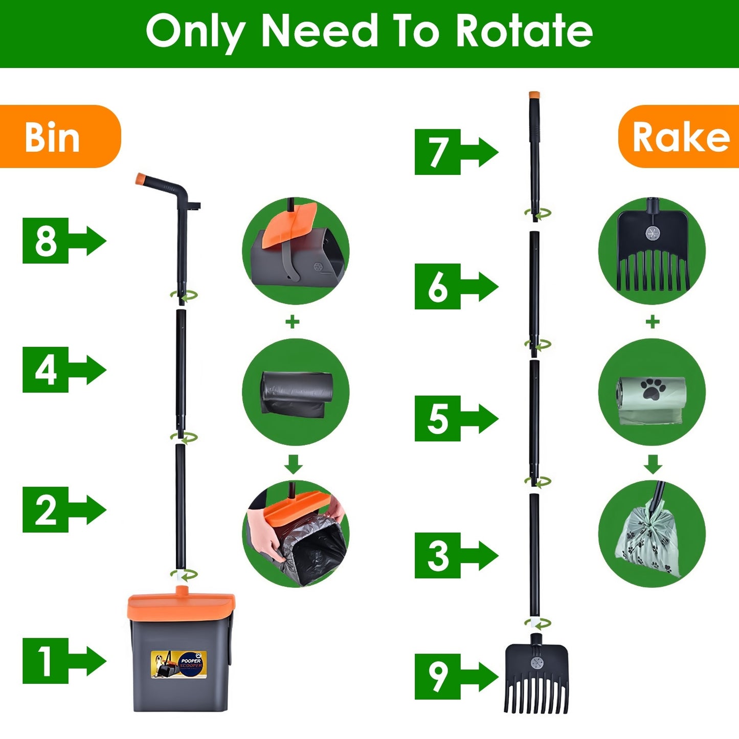 1 juego de recogedor de excrementos para perros, rastrillo y contenedor giratorio, resistente y mango largo 
1Set Pooper Scooper Kit Dog Poop Rake & Swiveling Bin Poop Heavy Duty Pick Up Tool With Extra Long Handle 35 Waste Bags Dispenser