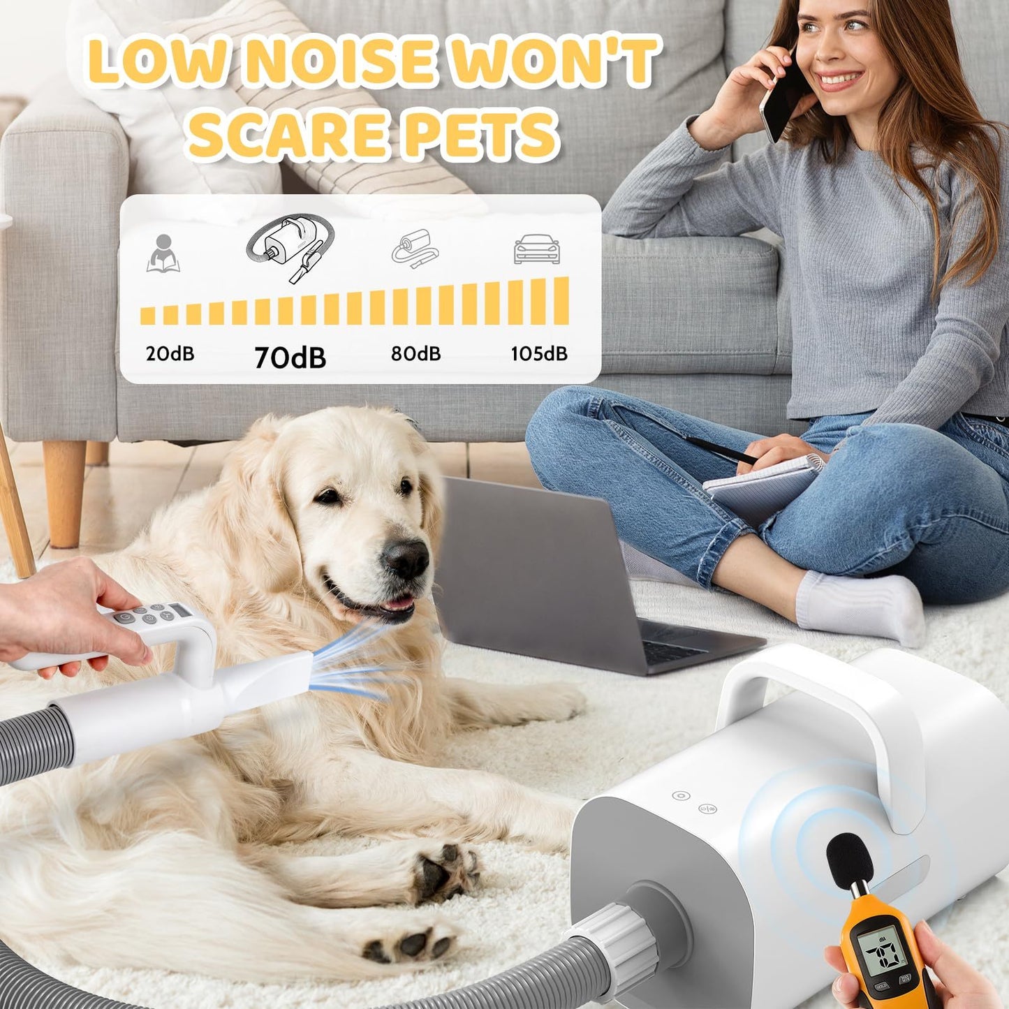 Secador de pelo para mascotas 4 en 1 con iones negativos de alta velocidad y temperatura ajustables, apto para perros y gatos.
Pet Hair Dryer, 4-in-1 Smart Handle Pet Hair Dryer,  Adjustable Wind Speed And Temperature, Suitable For Dogs And Cats