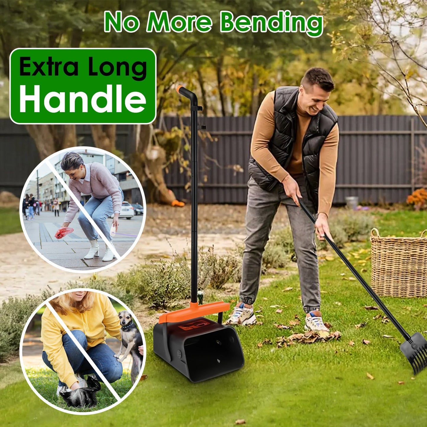 1 juego de recogedor de excrementos para perros, rastrillo y contenedor giratorio, resistente y mango largo 
1Set Pooper Scooper Kit Dog Poop Rake & Swiveling Bin Poop Heavy Duty Pick Up Tool With Extra Long Handle 35 Waste Bags Dispenser