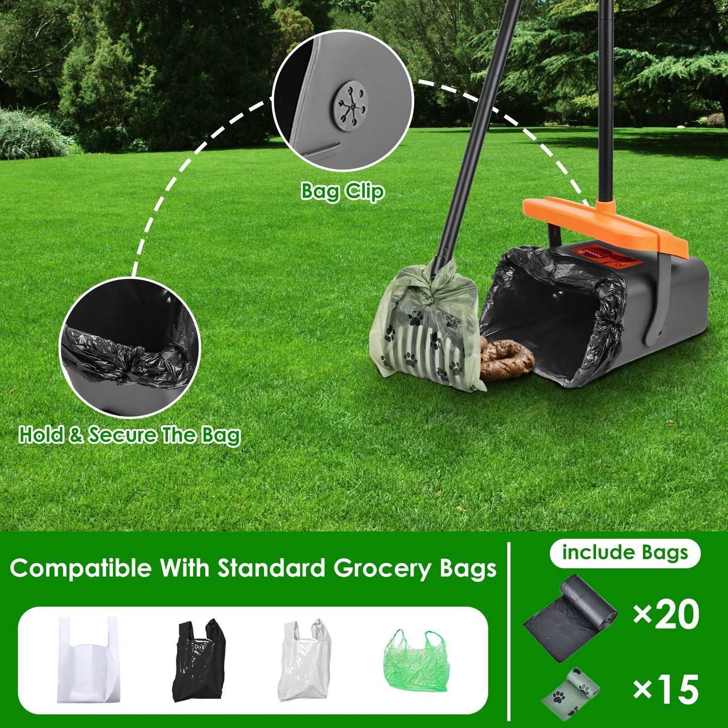 1 juego de recogedor de excrementos para perros, rastrillo y contenedor giratorio, resistente y mango largo 
1Set Pooper Scooper Kit Dog Poop Rake & Swiveling Bin Poop Heavy Duty Pick Up Tool With Extra Long Handle 35 Waste Bags Dispenser
