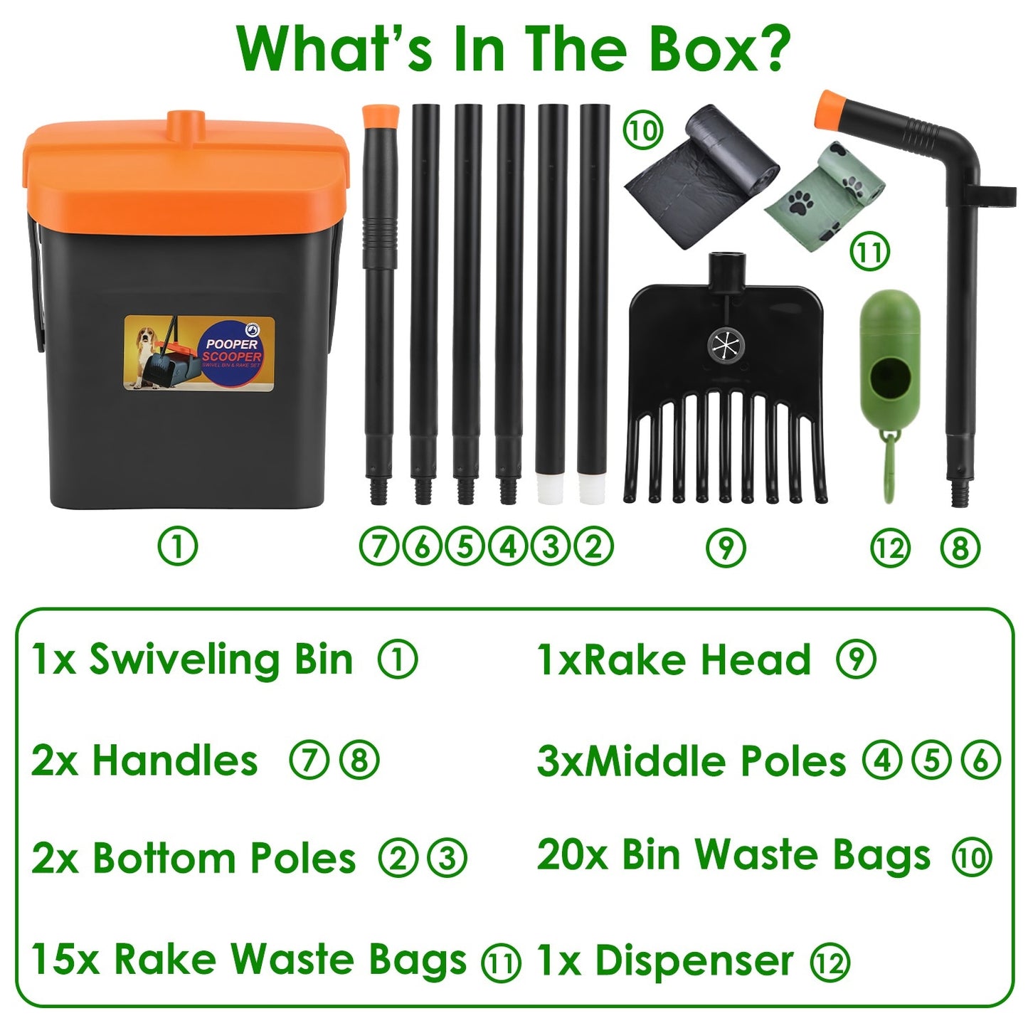 1 juego de recogedor de excrementos para perros, rastrillo y contenedor giratorio, resistente y mango largo 
1Set Pooper Scooper Kit Dog Poop Rake & Swiveling Bin Poop Heavy Duty Pick Up Tool With Extra Long Handle 35 Waste Bags Dispenser