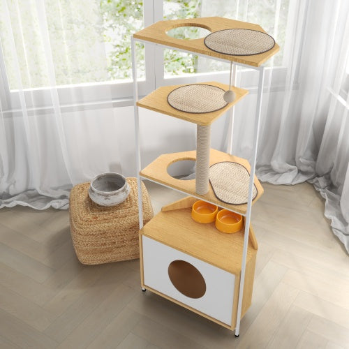 Casa de juegos para gatos con comedero y plataforma para trepar, + rascador de uñas 
Cat Apartment With Feeding Station And Climbing Platform, Pet Furniture For Indoor Cats